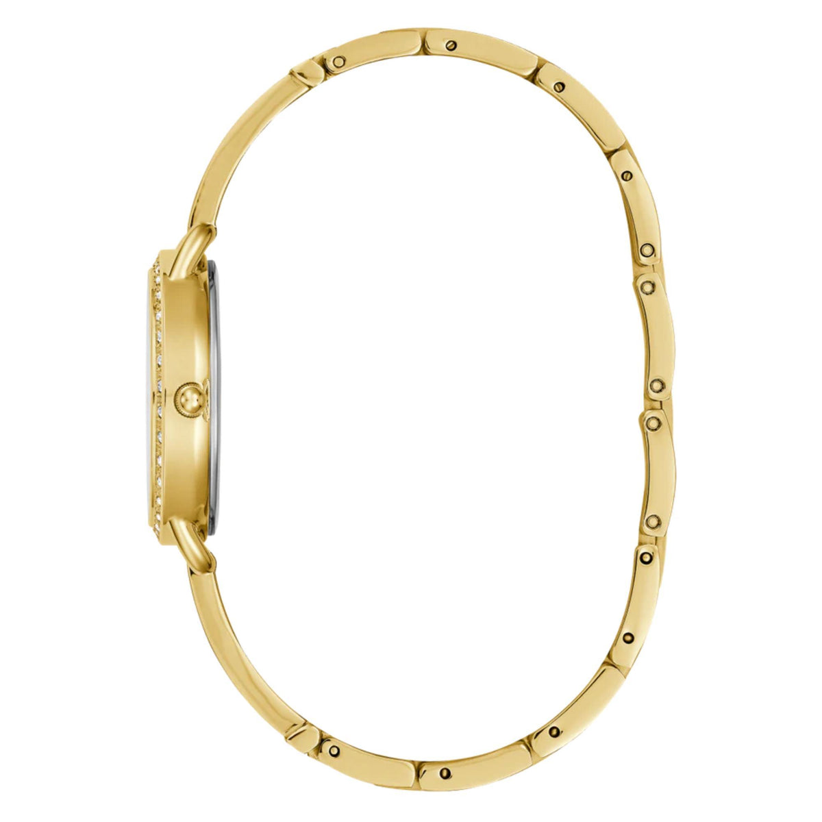 Gold tone stainless steel watch case and link bracelet, polished edges