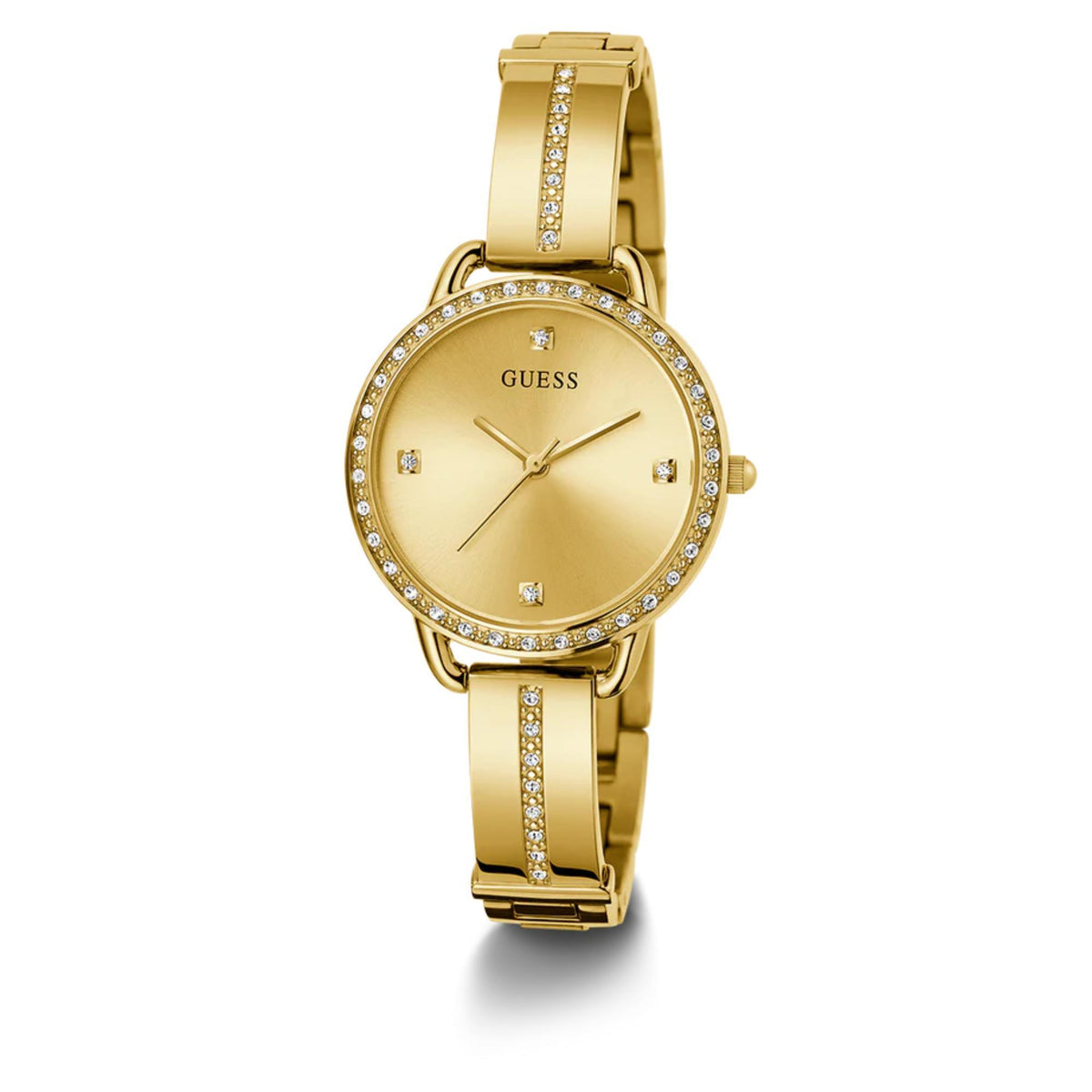 Gold tone analog wristwatch with champagne dial, crystal markers, slim bracelet