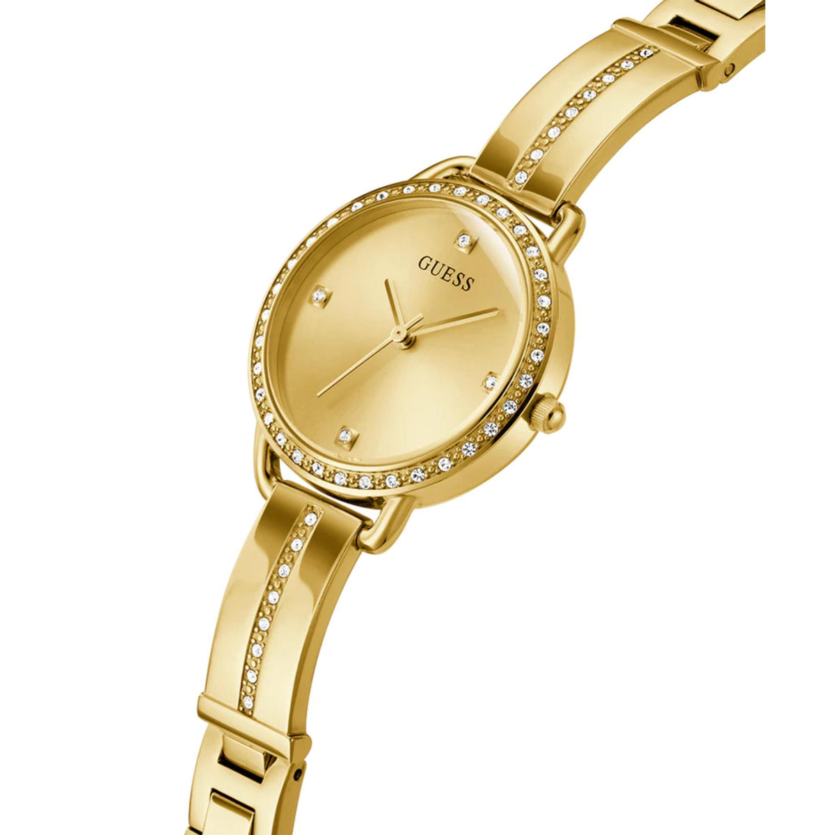Gold tone analog wristwatch with champagne dial, crystal bezel, and link bracelet