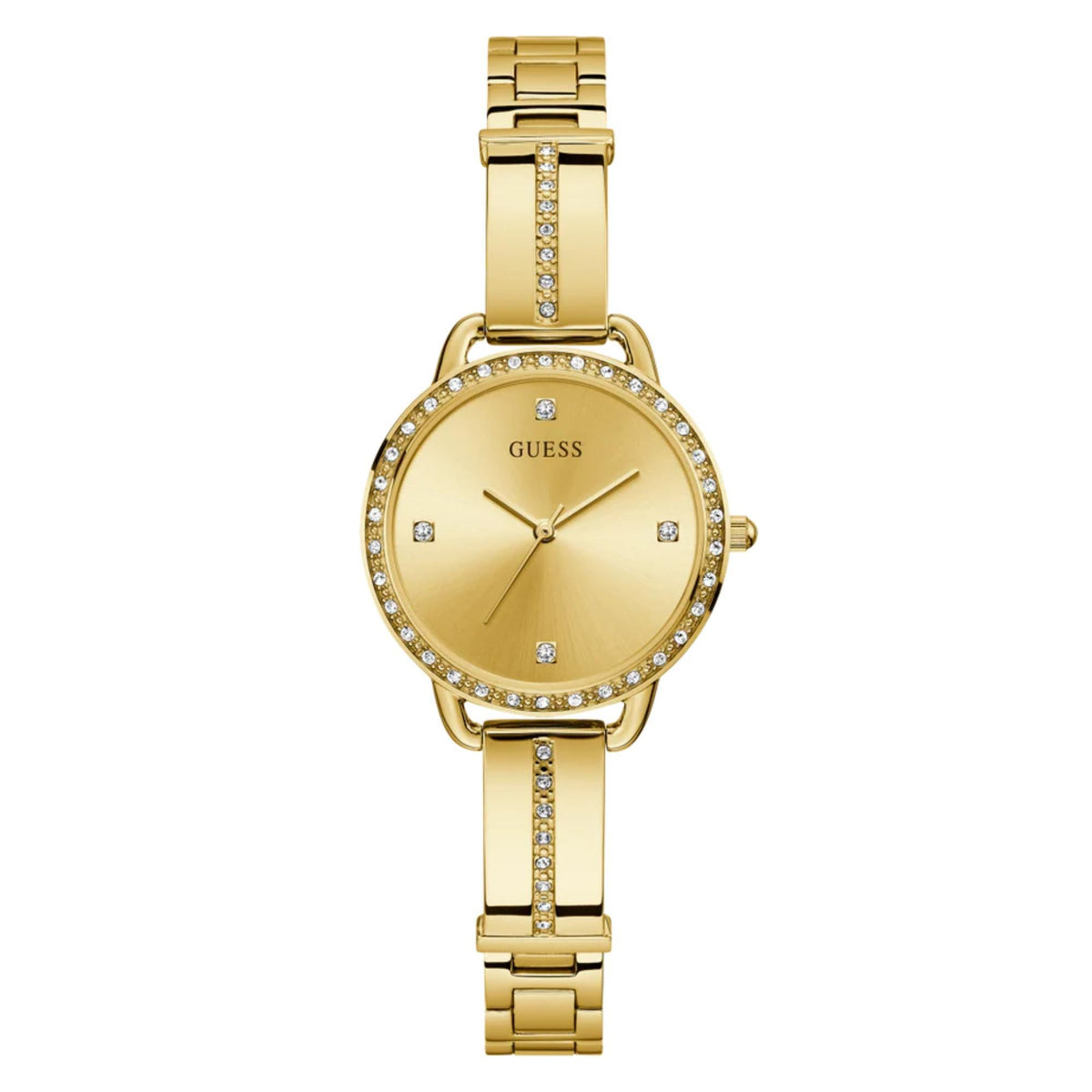 Gold-tone analog watch centered view with champagne dial, gem bezel, and metal bracelet.
