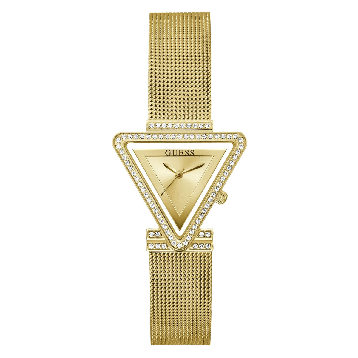 Gold tone analog watch with mesh strap, triangular crystal bezel, champagne dial