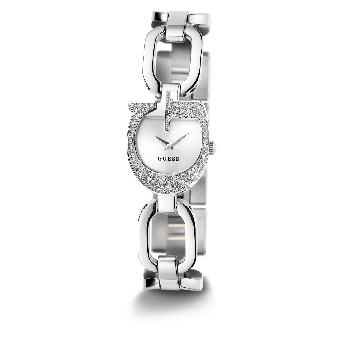 GUESS ladies silver-tone analog watch with crystal bezel and link bracelet