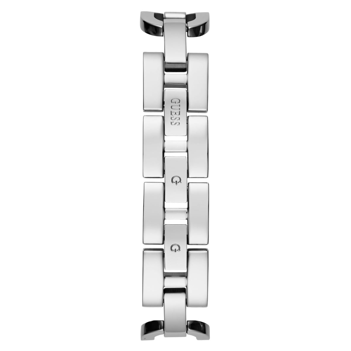 Silver-tone GUESS watch bracelet view with center clasp and link segments