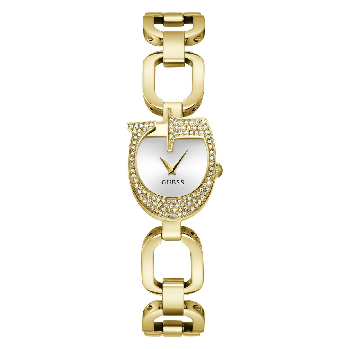 Gold tone ladies analog watch with crystal accents, silver dial, curved case and link bracelet