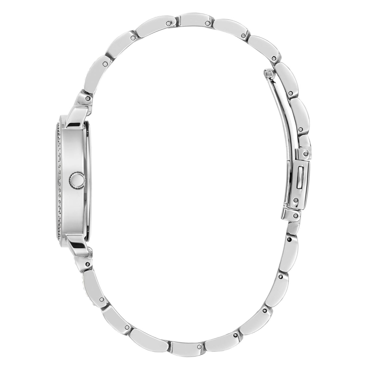 Silver-tone ladies wrist watch with metallic link bracelet, round crystal bezel.