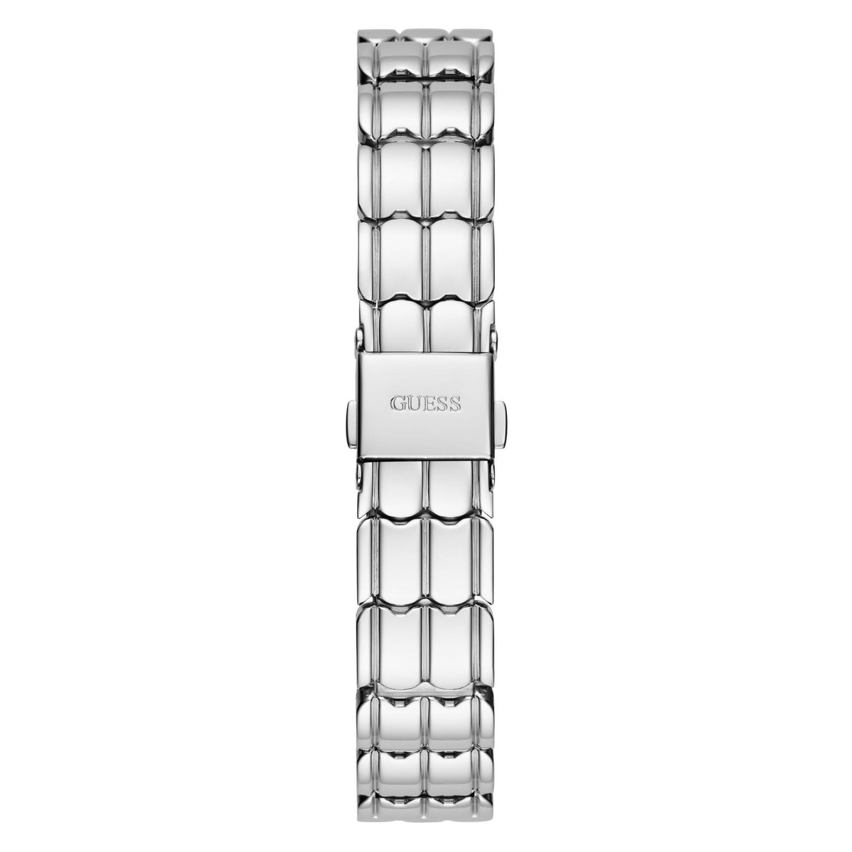 Silver-tone ladies watch bracelet with polished metal links and clasp.