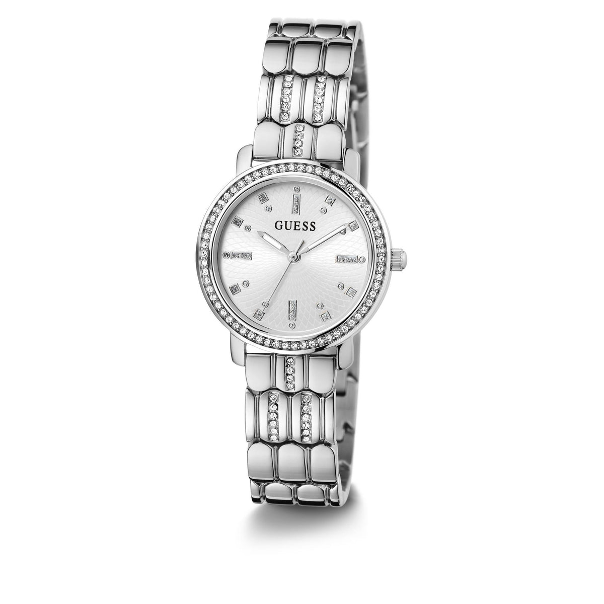 Silver-tone ladies wrist watch with crystal-studded bezel, textured dial, metal link band.