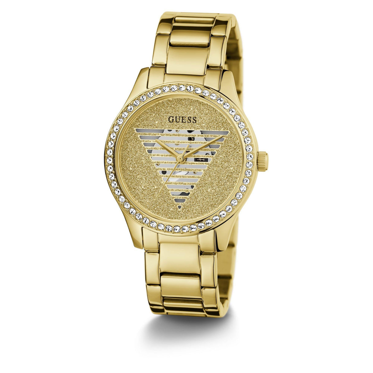 Gold tone analog ladies watch with champagne dial, rhinestone bezel, and stainless strap