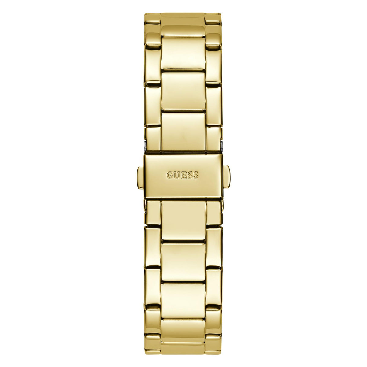 Gold tone stainless steel link bracelet watch with GUESS logo on clasp