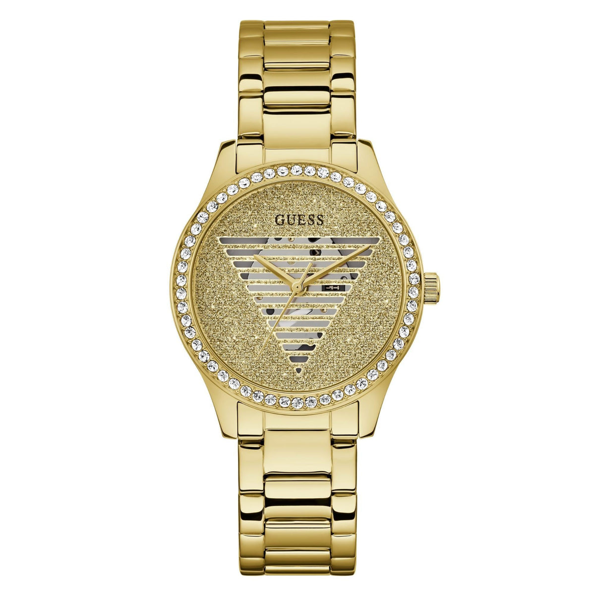Gold tone analog ladies watch front view with champagne dial, rhinestone bezel, and steel strap