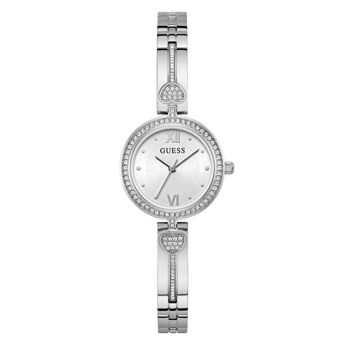 Silver-tone analog stainless steel watch with white dial, crystal bezel and heart pendant