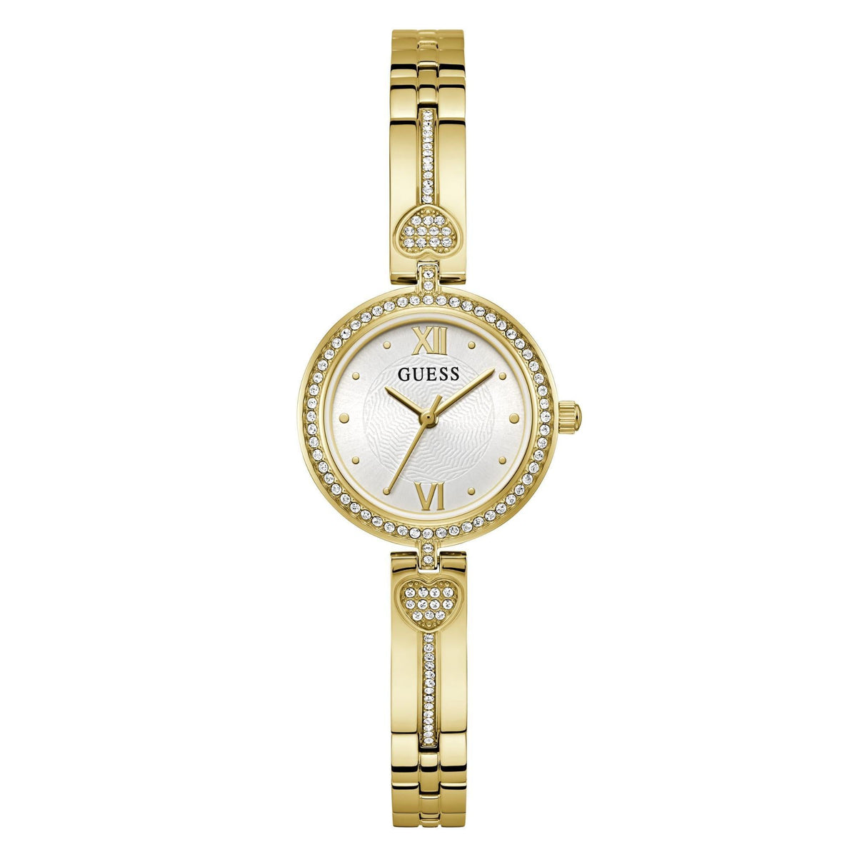 Ladies gold tone analog watch with white dial, crystal bezel, and heart accent pendant