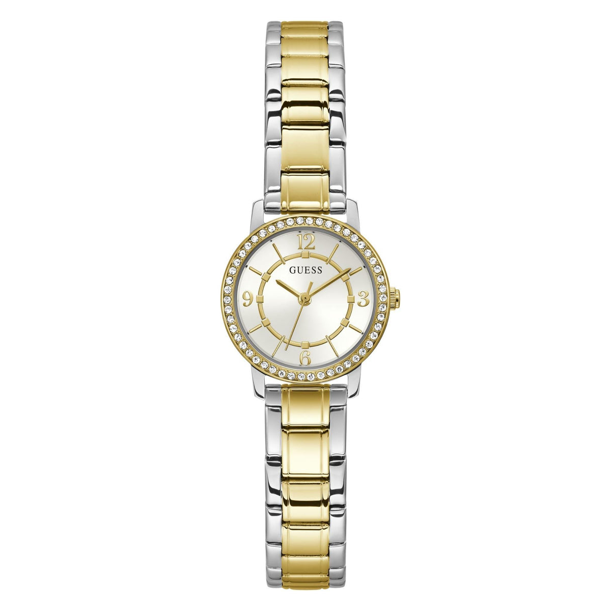 Two-tone analog watch with white dial, gold accents, crystal bezel, and metal link band