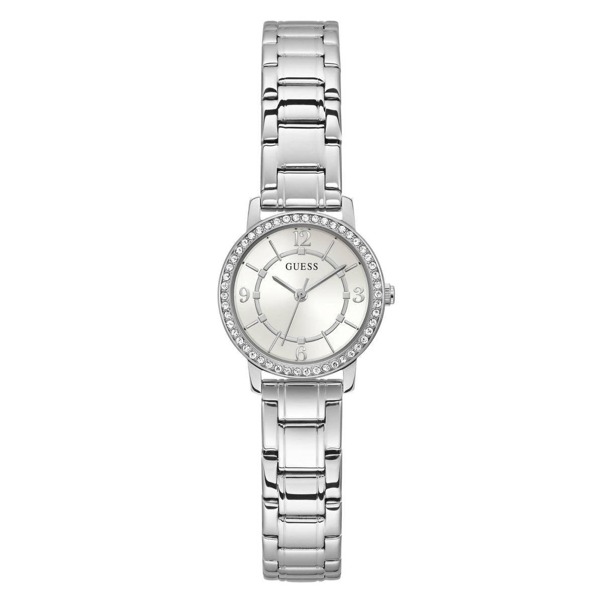 Ladies silver-tone stainless steel watch with white dial, crystal bezel, link bracelet.