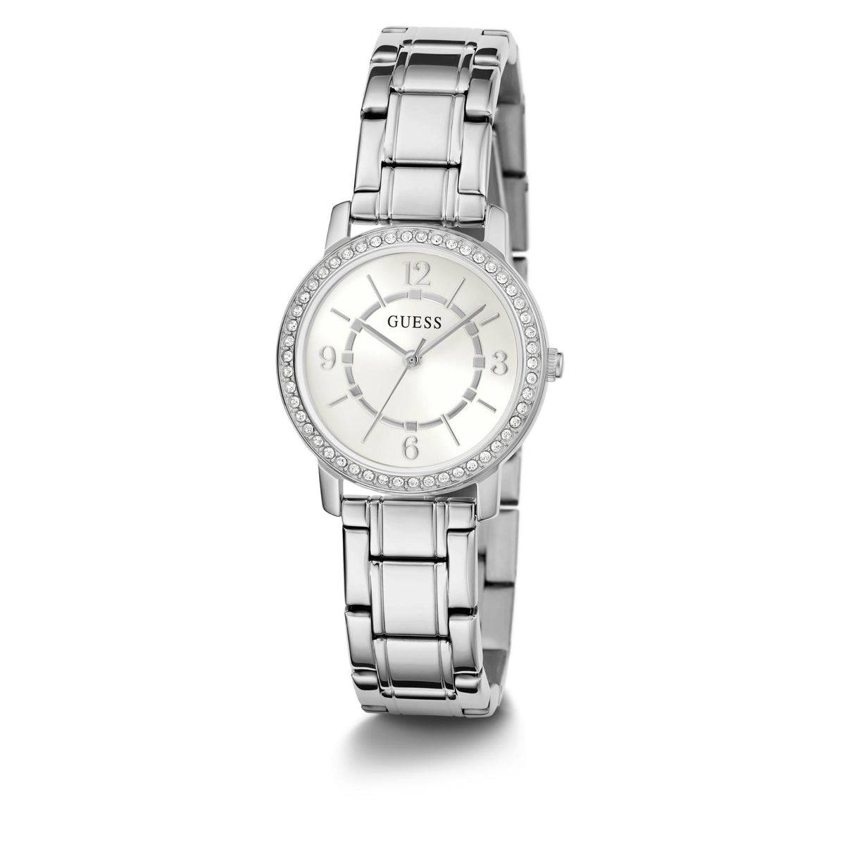 Ladies silver-tone stainless steel watch, angled view, white dial and crystal-studded bezel.