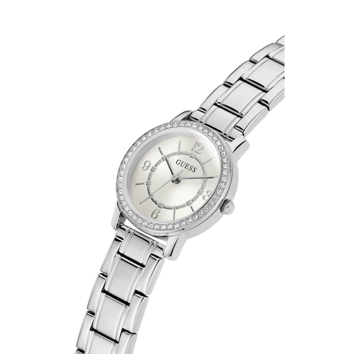 Silver tone analog watch with white dial, crystal bezel, and stainless steel link strap