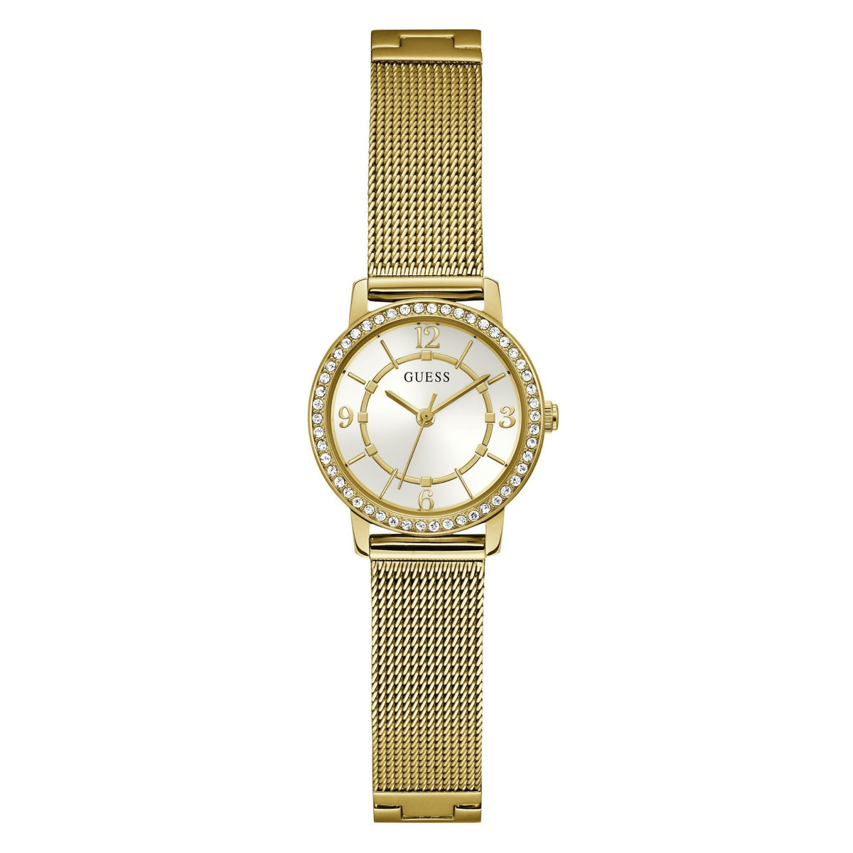 Womens analog watch, gold mesh strap, white dial, round crystal-studded bezel