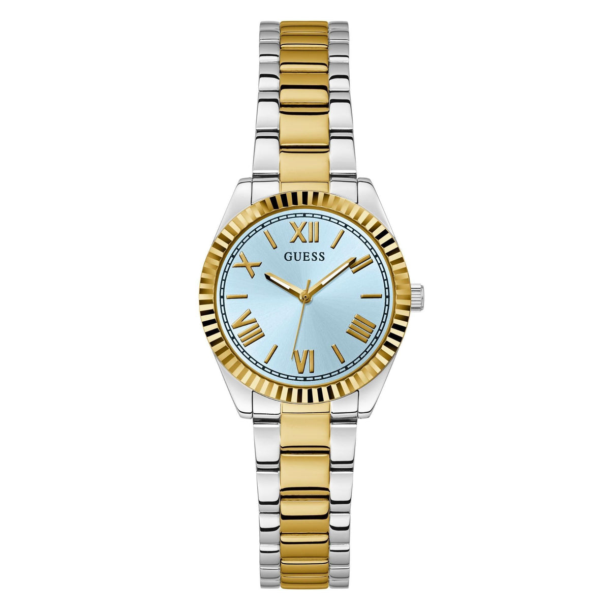 Two-tone ladies analog watch with blue dial, Roman numerals, and crystal-style accents