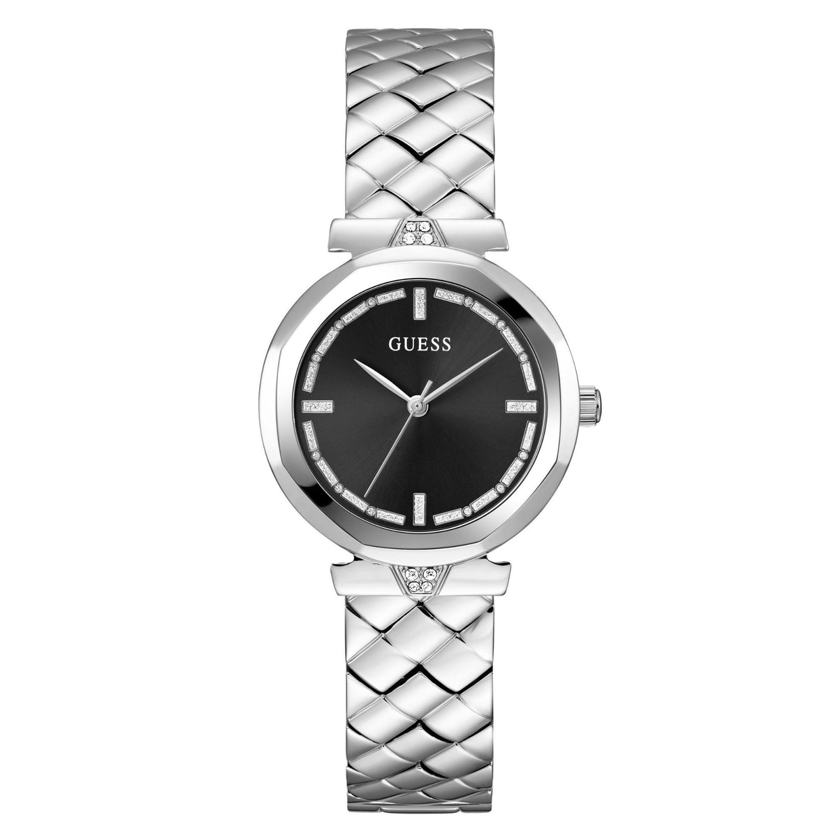 GUESS silver-tone ladies analog watch, black dial, crystal details, patterned link bracelet