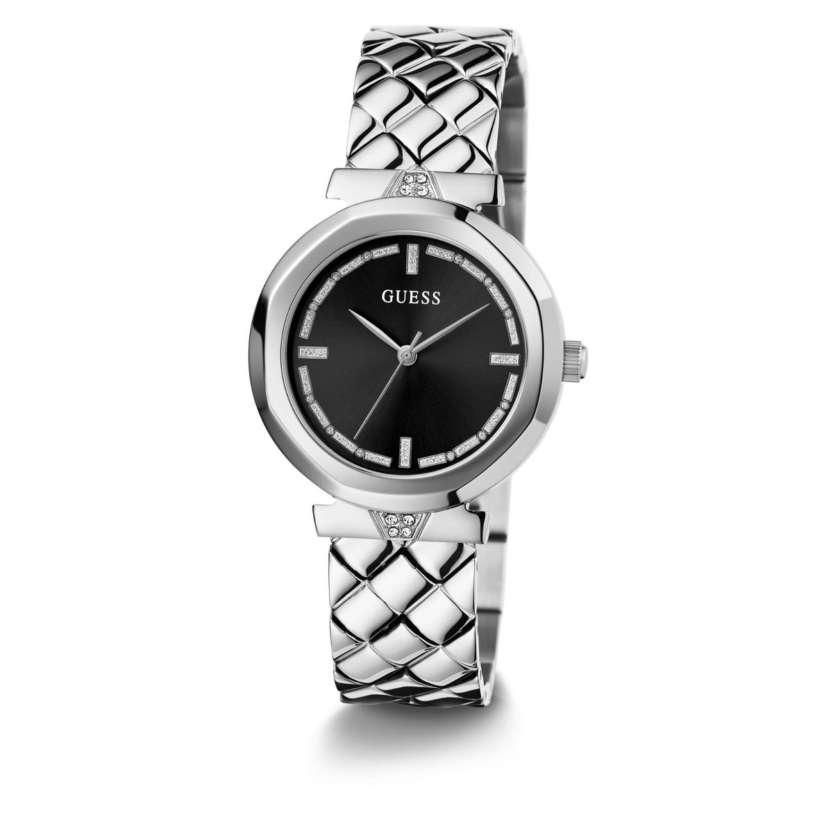 GUESS ladies analog watch, black dial with crystal accents, silver link bracelet, front view