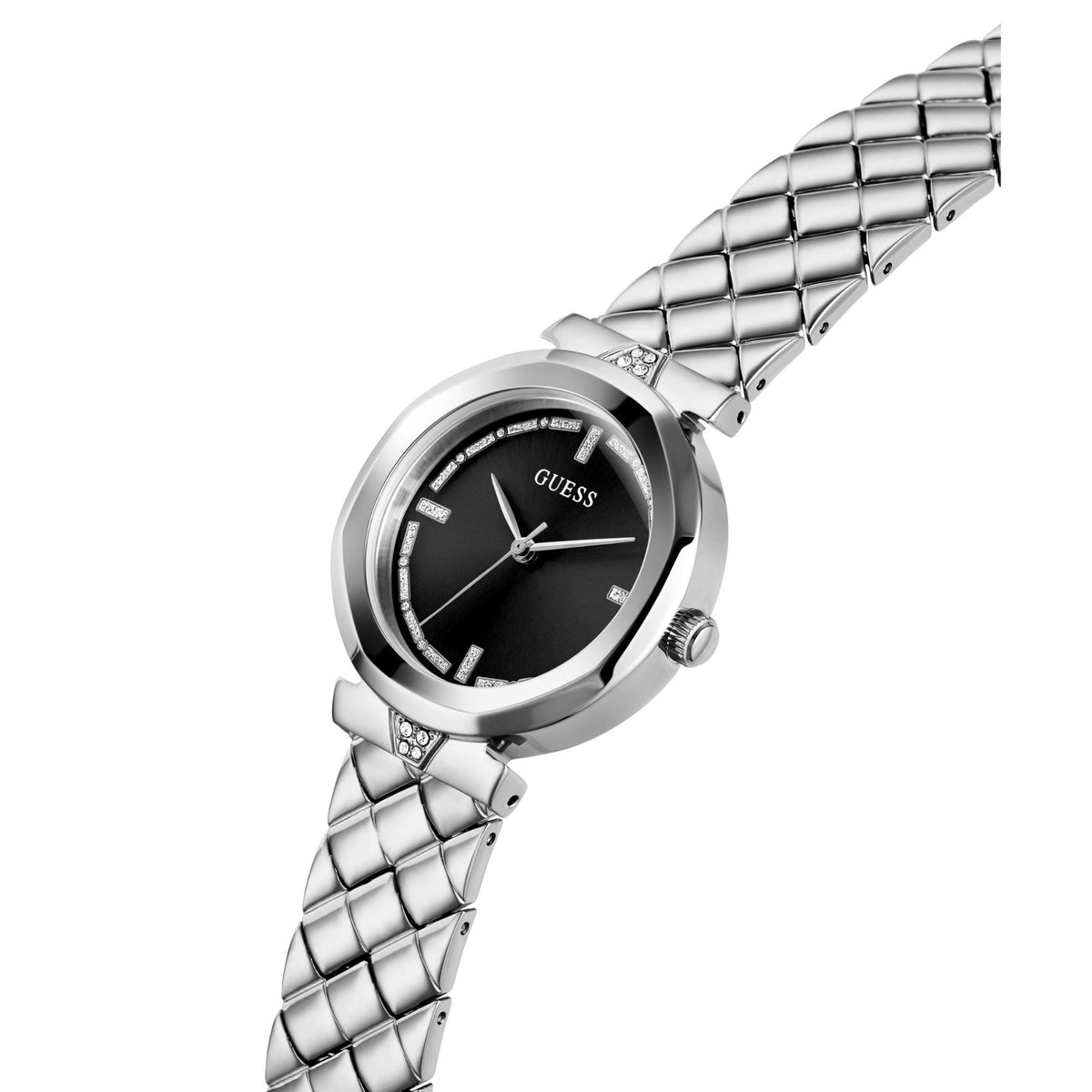 GUESS analog watch with black dial and crystal bezel, silver link bracelet, side angle