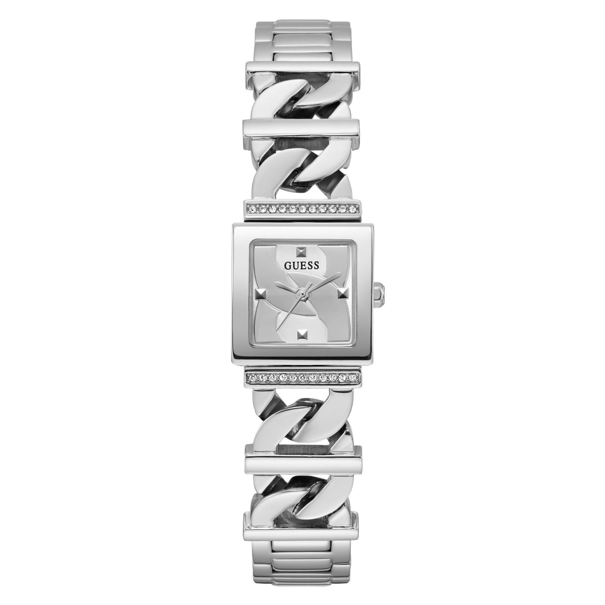 Silver rectangular ladies wristwatch with rectangular dial, rhinestone bezel, and steel link band