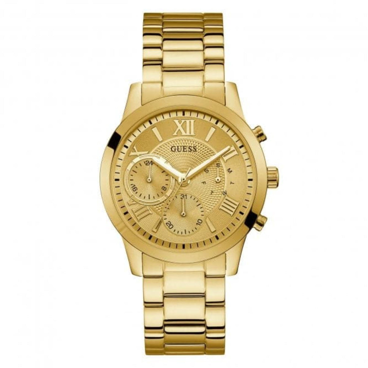 Gold-tone chronograph wristwatch with champagne textured dial and three subdials
