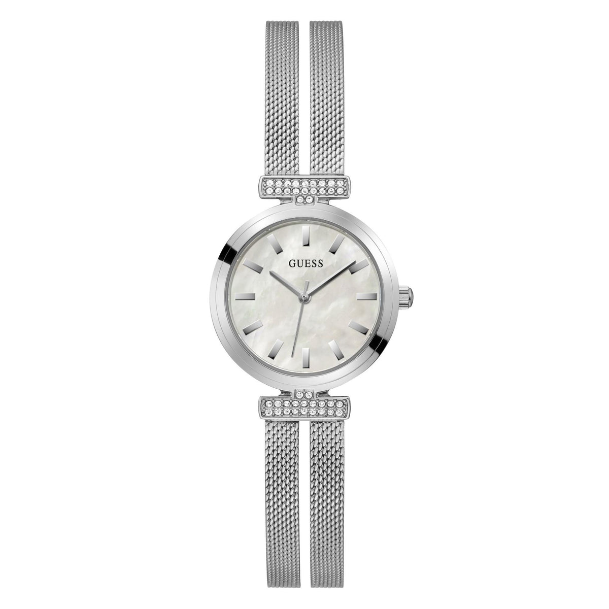 Stainless steel mesh strap ladies wristwatch with mother-of-pearl dial and crystal bezel