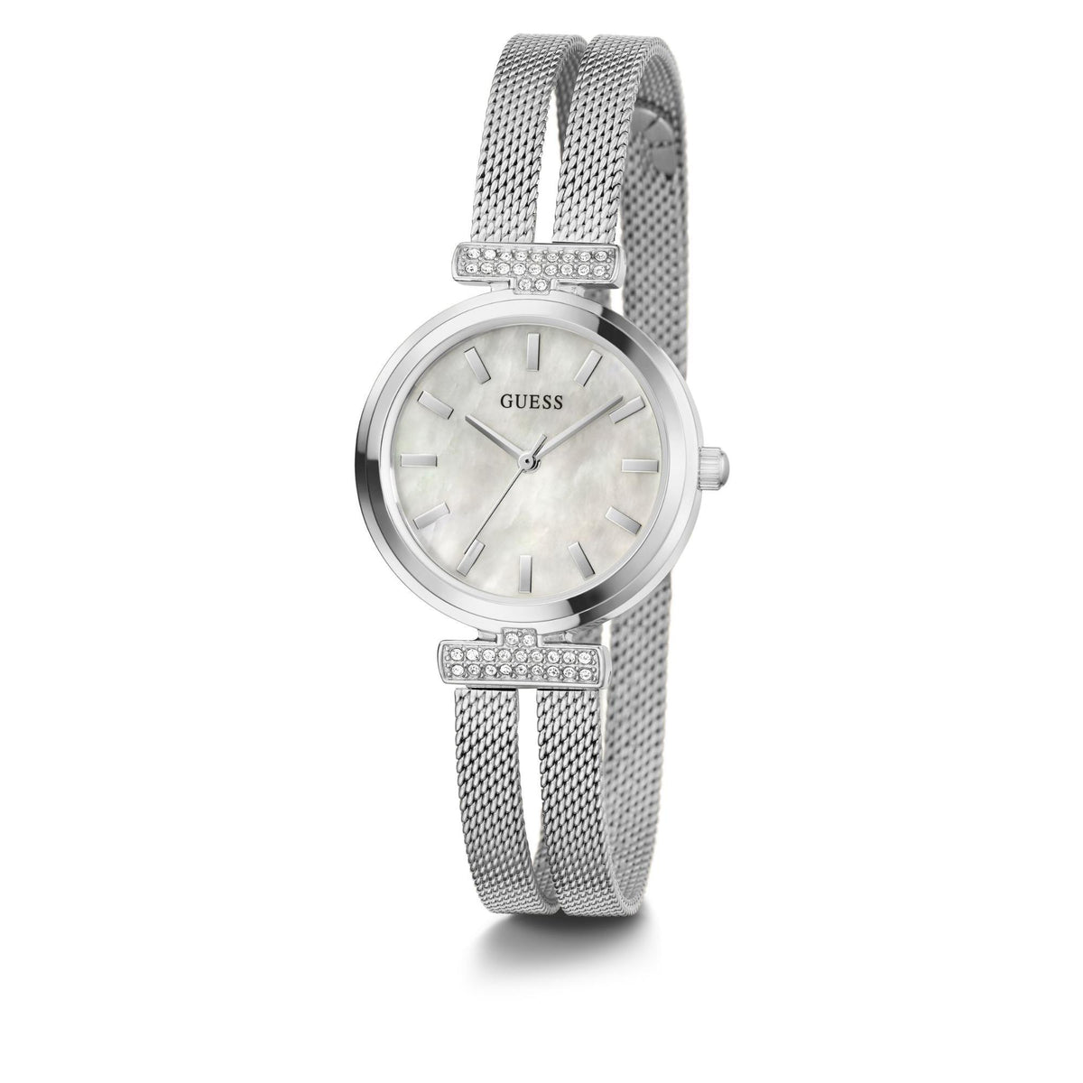 Stainless steel mesh strap watch with mother-of-pearl dial and crystal markers