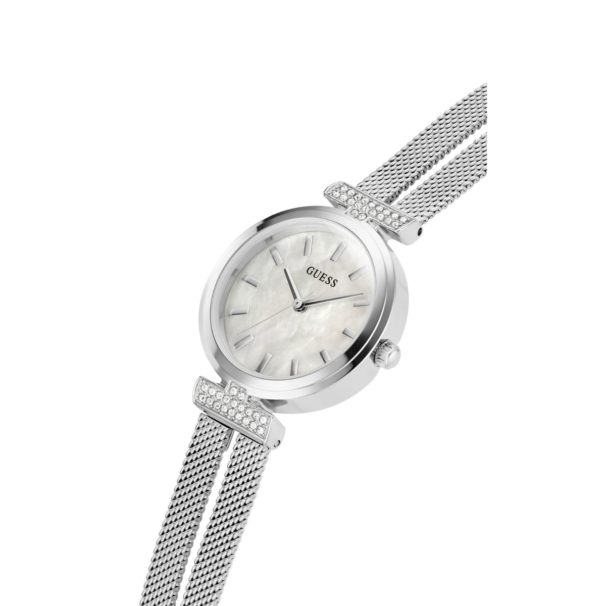 Mother-of-pearl dial stainless steel strap watch with bezel and round push crown
