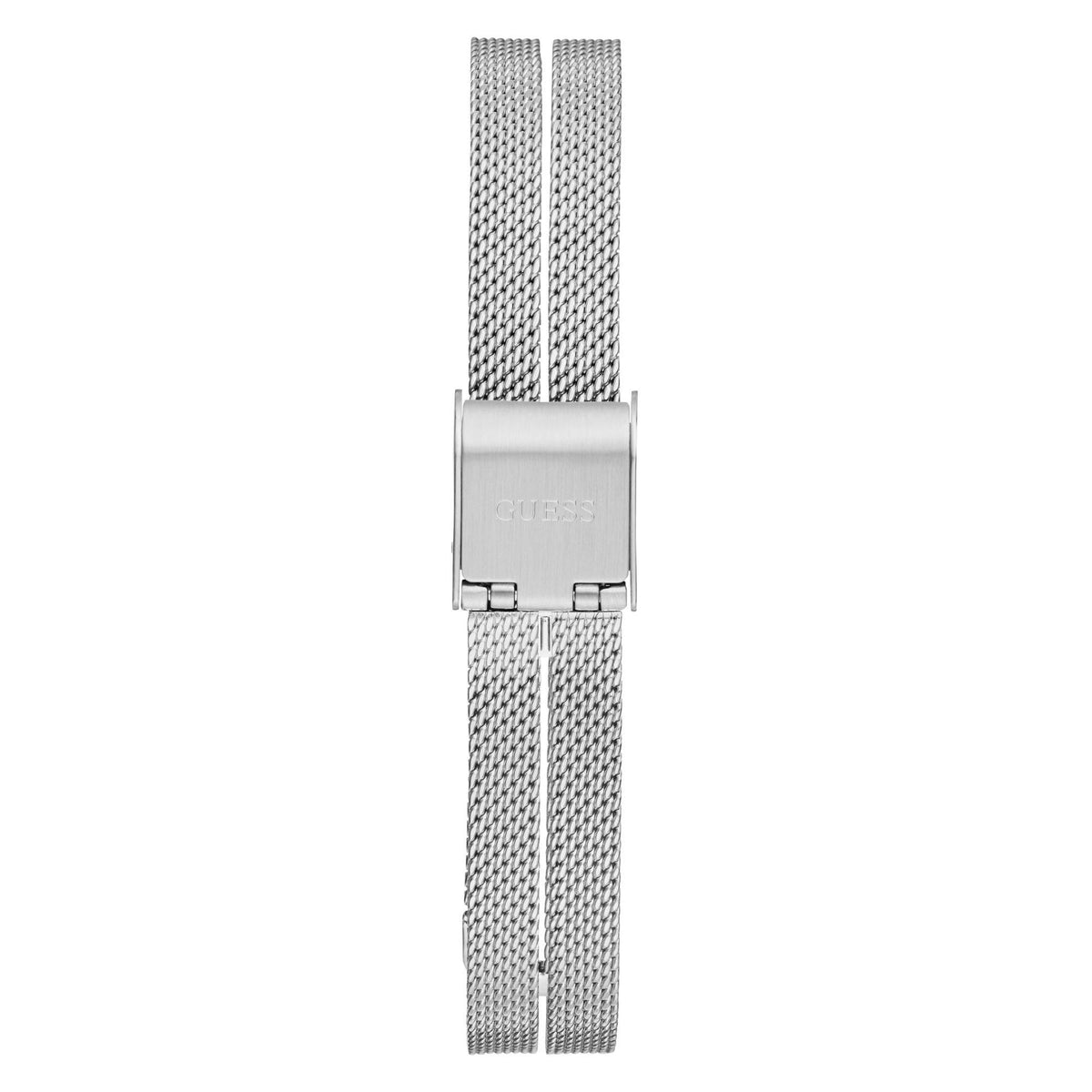 Stainless steel mesh watch strap with secured clasp and brand engraved center