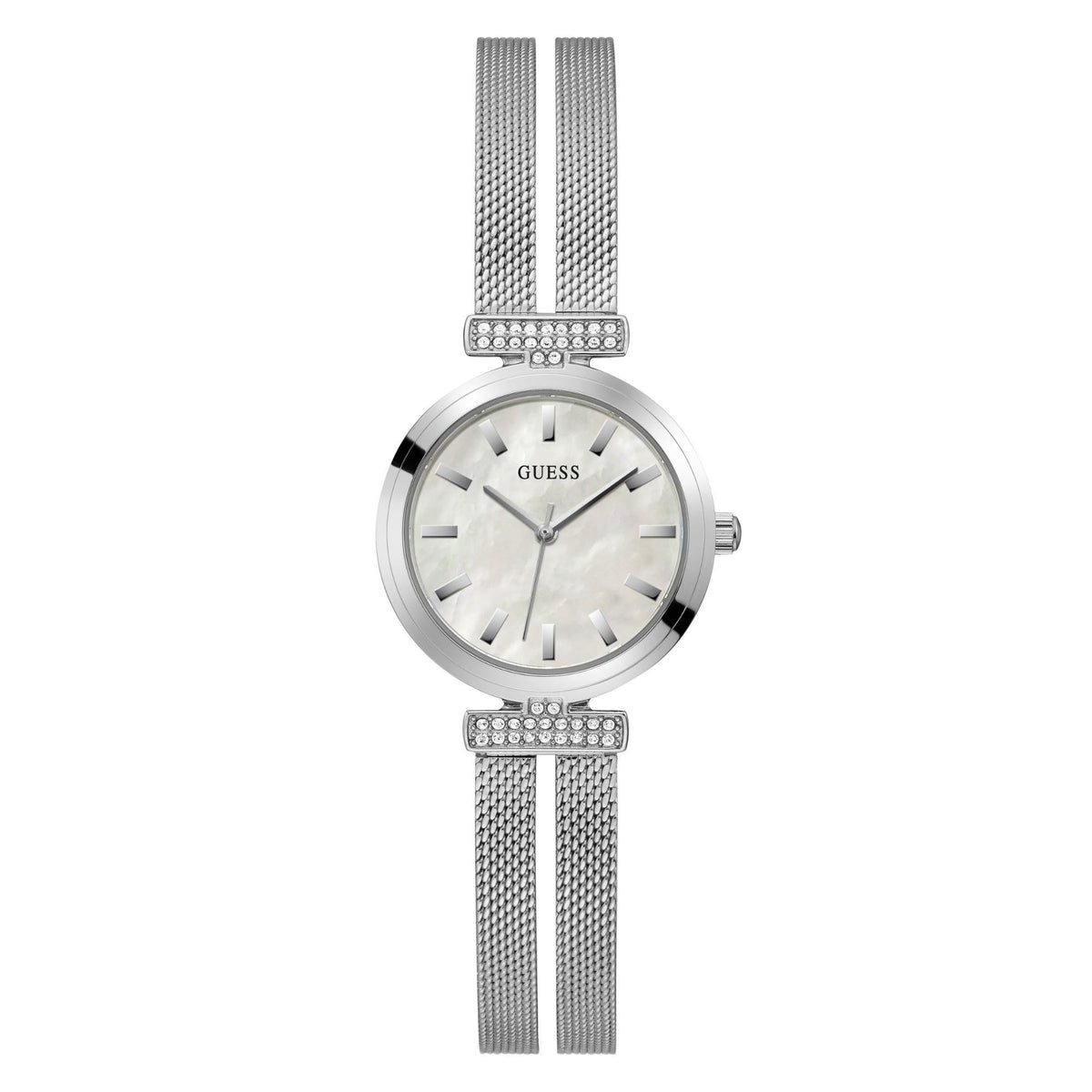 Stainless steel mesh strap ladies wristwatch with iridescent mother-of-pearl dial, round case