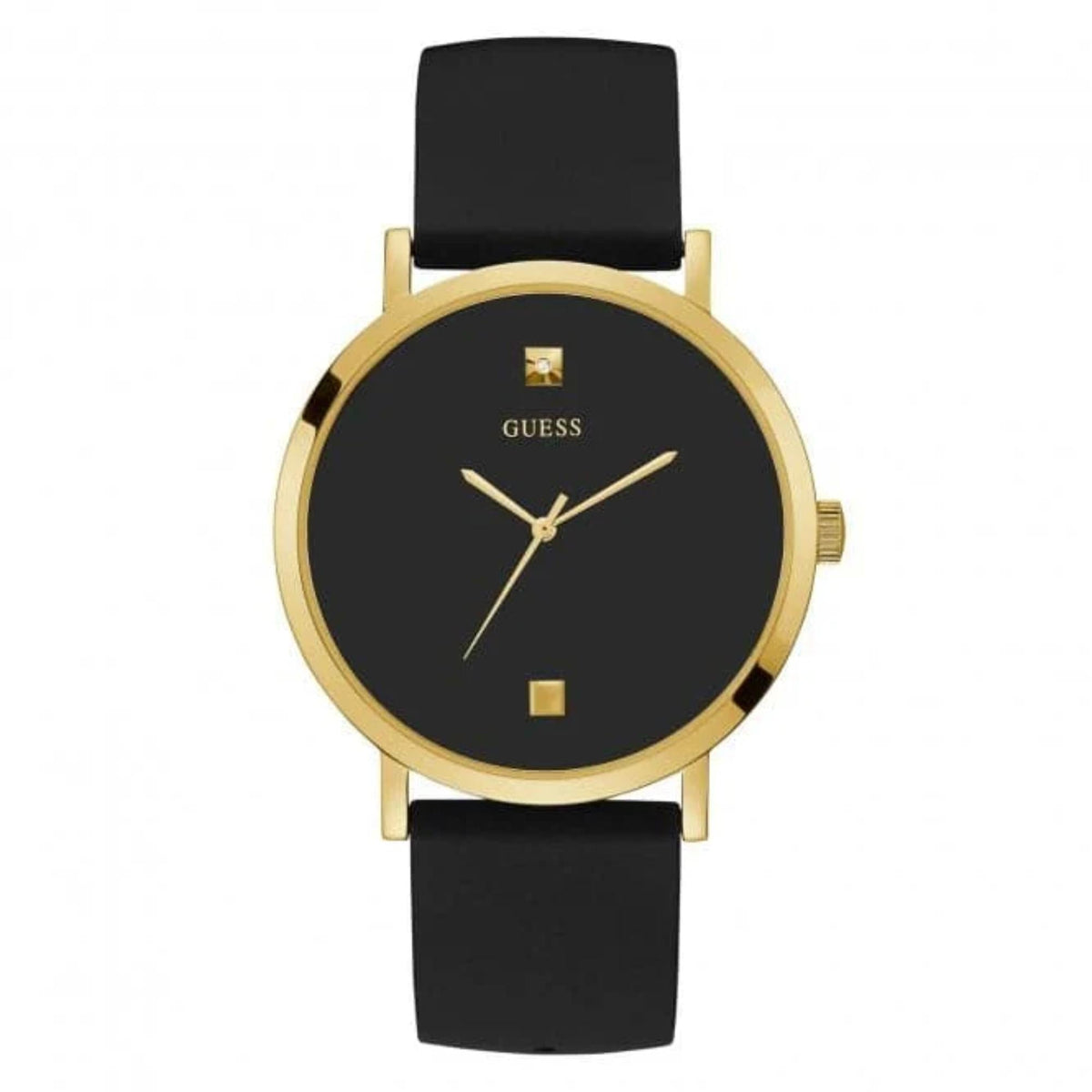 Men's dress watch front: black dial with gold markers, gold case, black strap