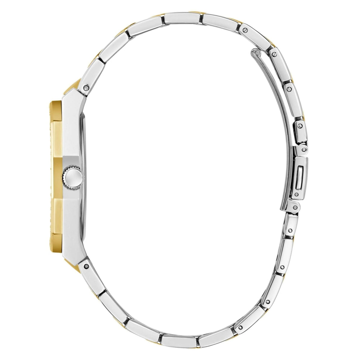 Two-tone stainless steel analog watch with gold and silver case, angled side profile