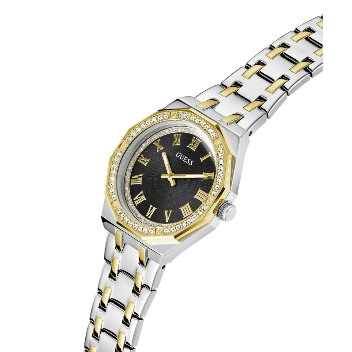 Two-tone stainless steel watch with black dial, gold marker hands, crystal bezel