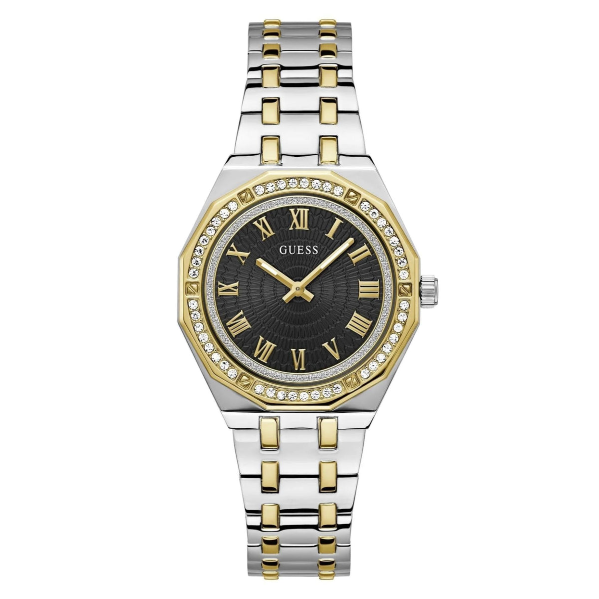 Two-tone stainless steel analog watch with black dial, Roman numerals, gold accents
