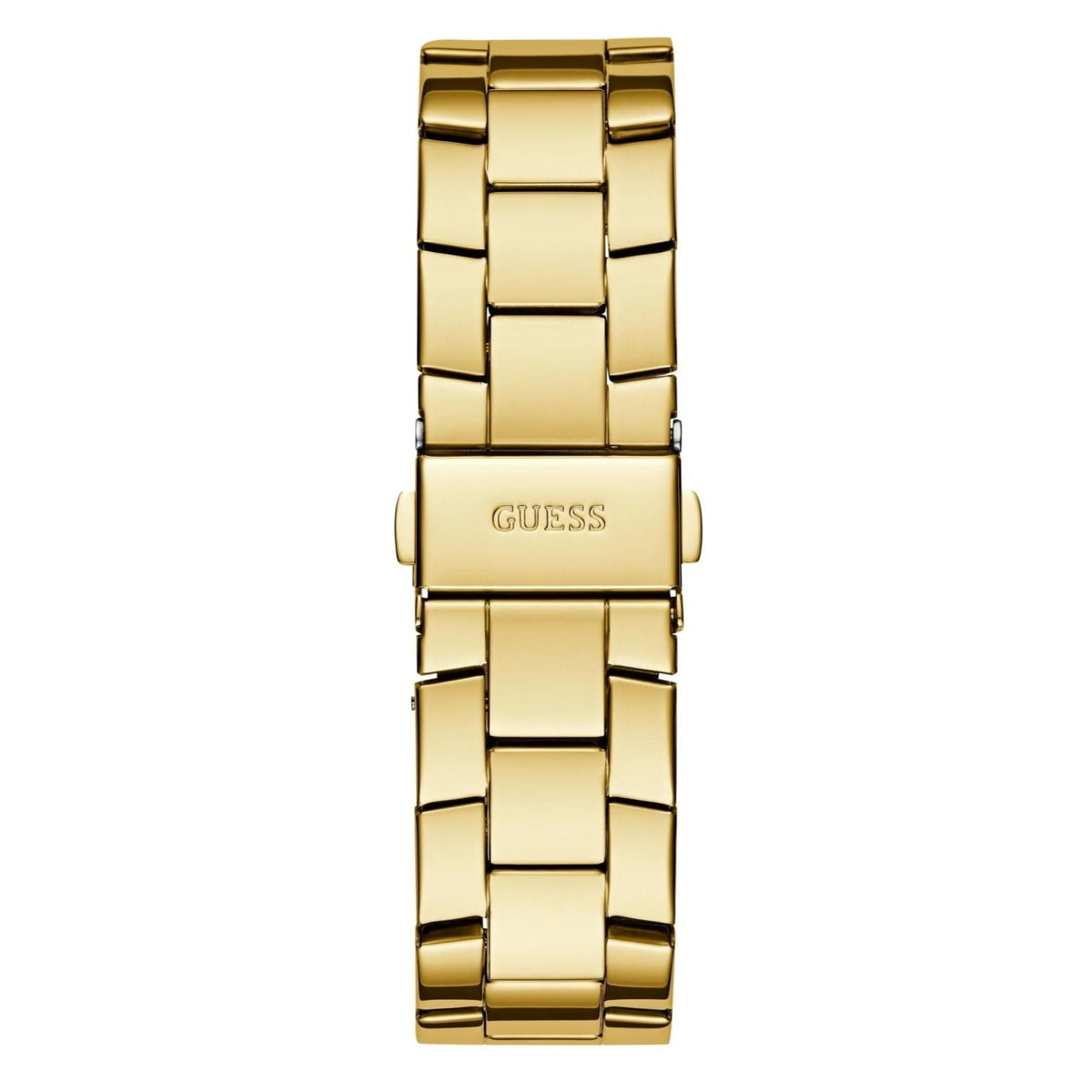Gold-tone analog wristwatch rear view with metal bracelet links and GUESS branding
