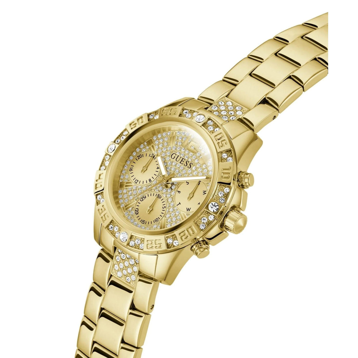 Gold-tone analog wristwatch with champagne dial, crystal bezel, and linked bracelet