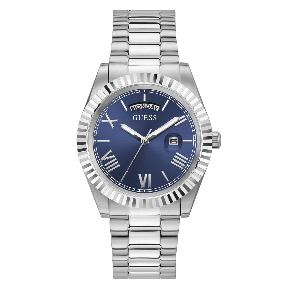 Men's stainless steel watch with blue dial and day/date display on silver bracelet