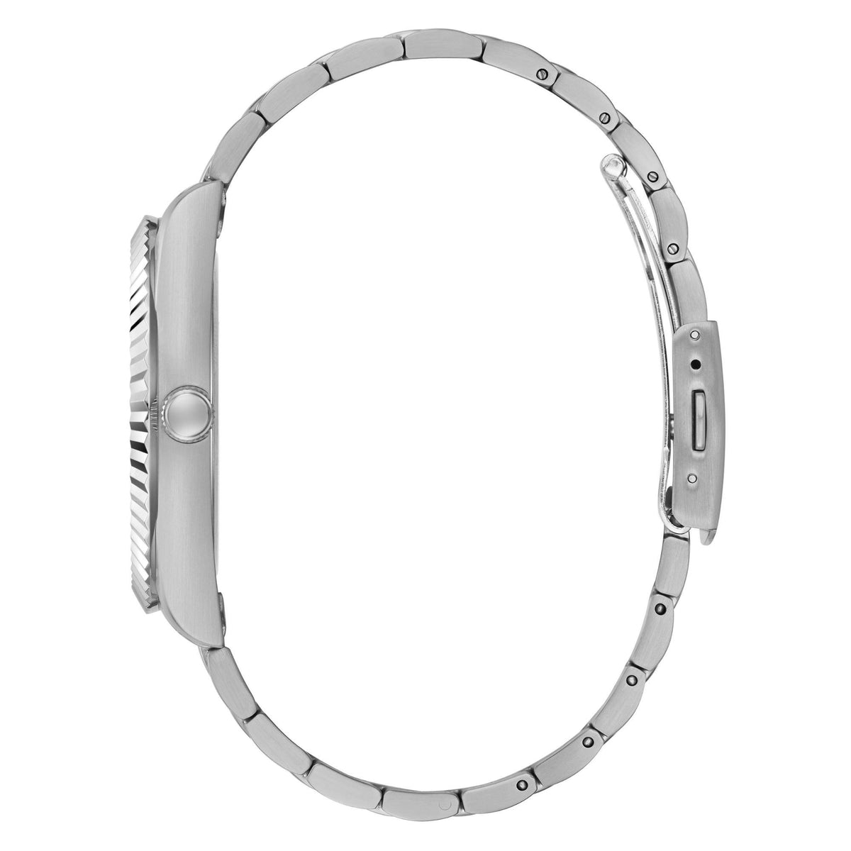 Men's silver-tone stainless steel watch, left side view with crown and bracelet links