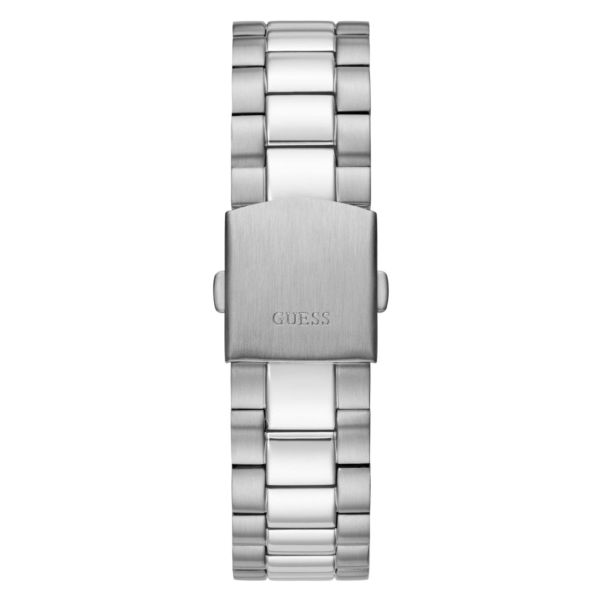 Men's silver-tone stainless steel watch back view with brushed center and logo