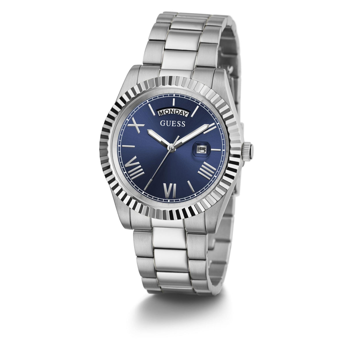 Men's silver tone wristwatch with blue day/date dial and stainless steel band