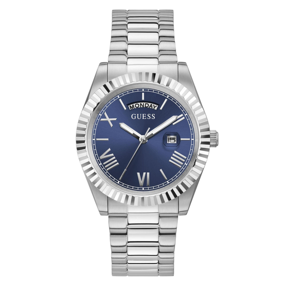 Men's stainless steel watch with blue dial, silver bezel, and metal link bracelet