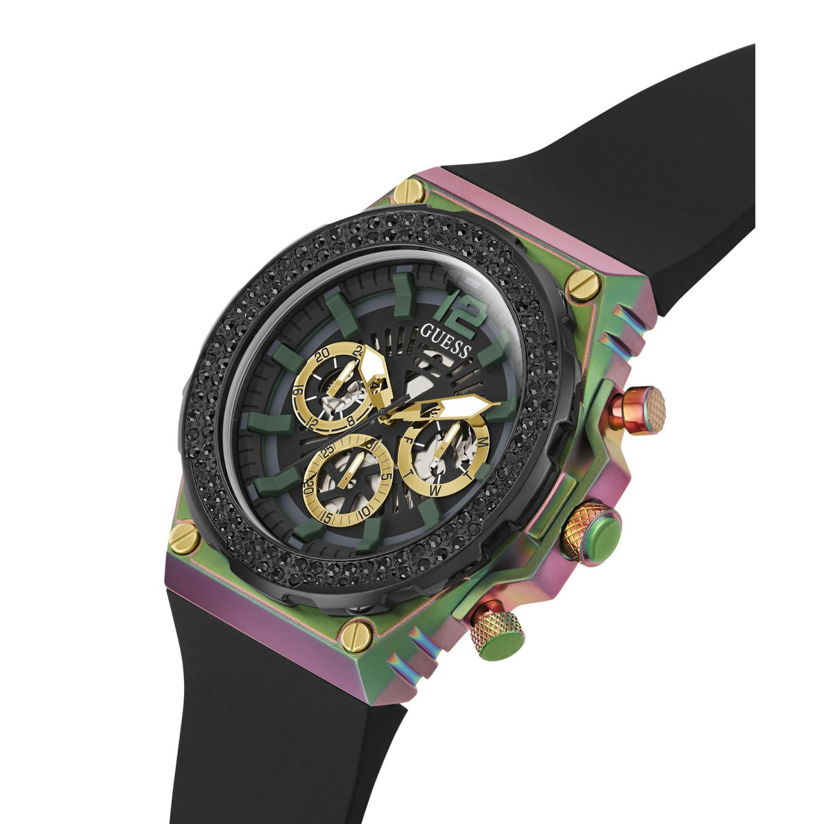 Men's sport watch with black dial, jeweled bezel, multicolor case and silicone strap