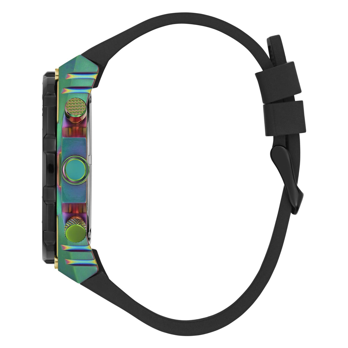 Black silicone watch strap with multicolor rainbow bezel side detailing