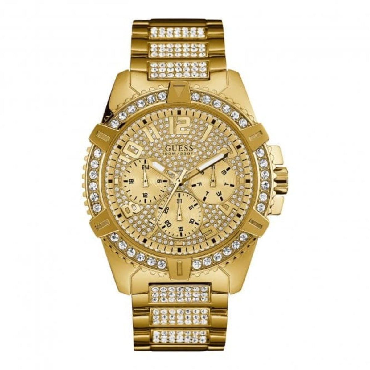 Gold tone men's chronograph watch with rhinestone bezel, textured dial and subdials