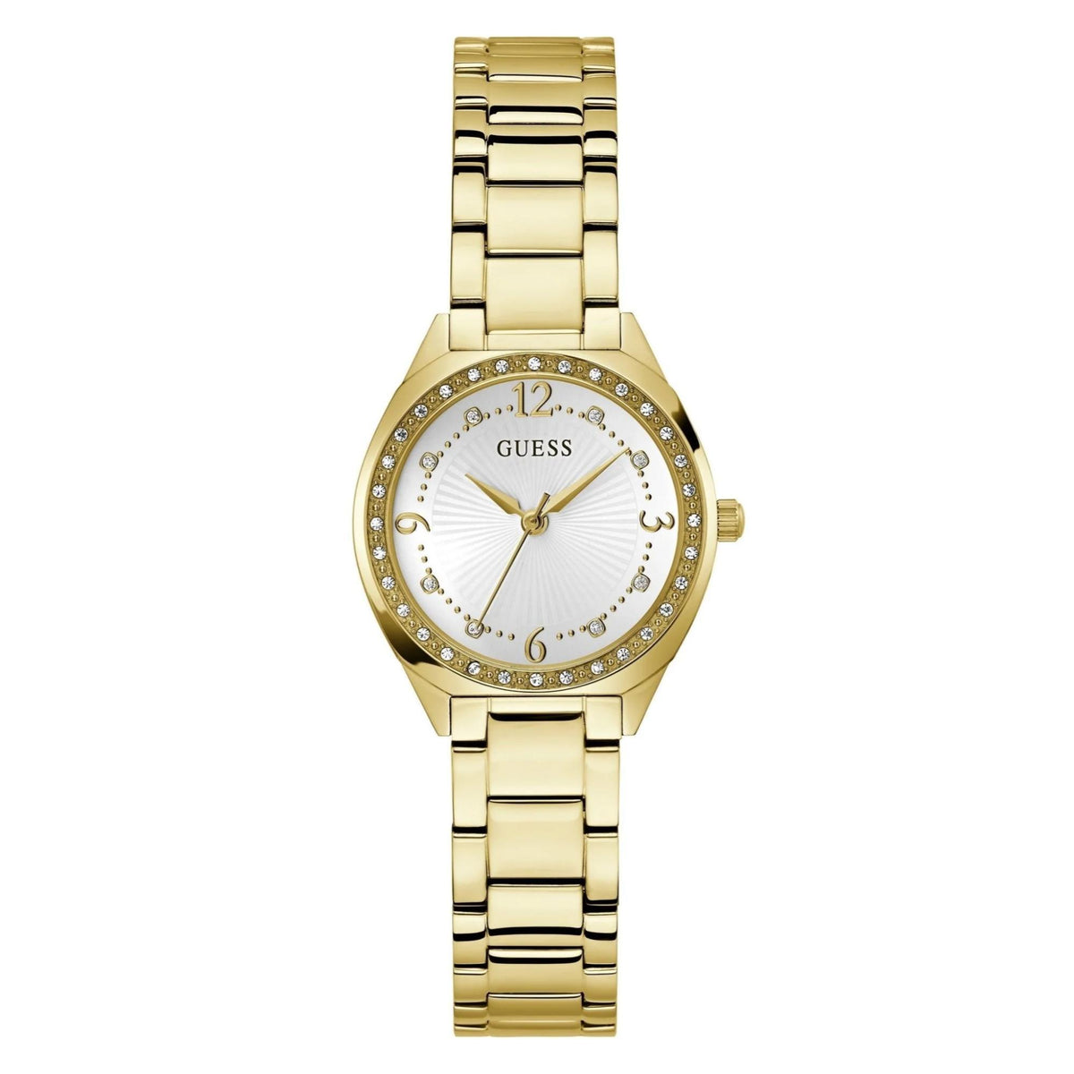 Gold-tone analog ladies watch front view with white dial, crystal bezel, and metal link bracelet
