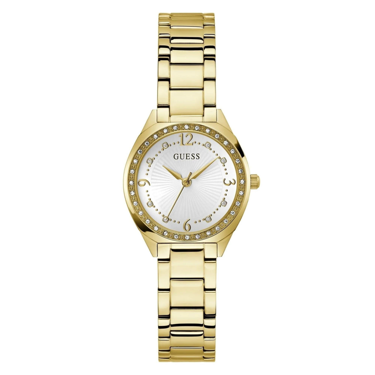 Gold-tone analog ladies watch front view with white dial and crystal-studded bezel
