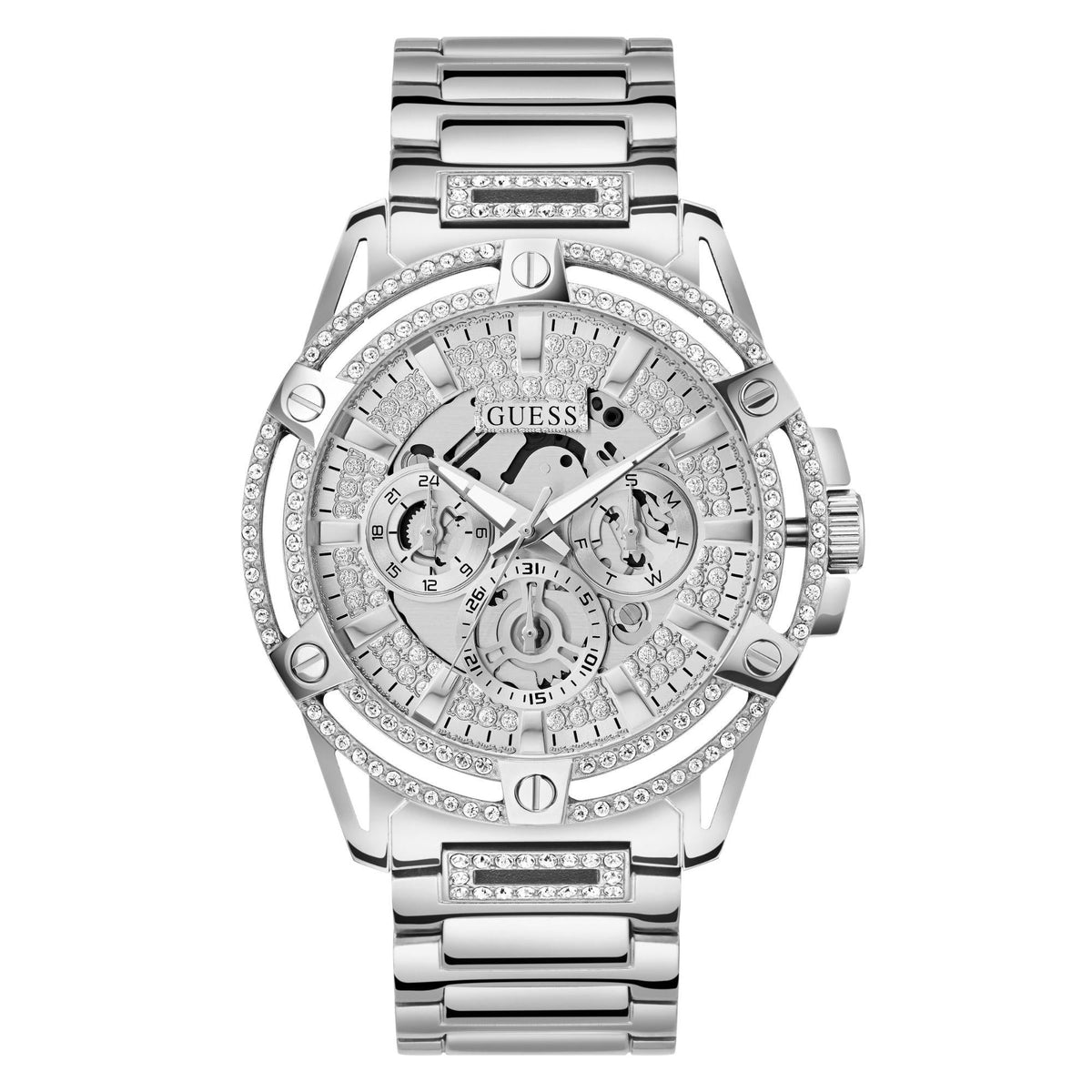 Silver crystal bezel multifunction watch with subdials and steel link bracelet, front view
