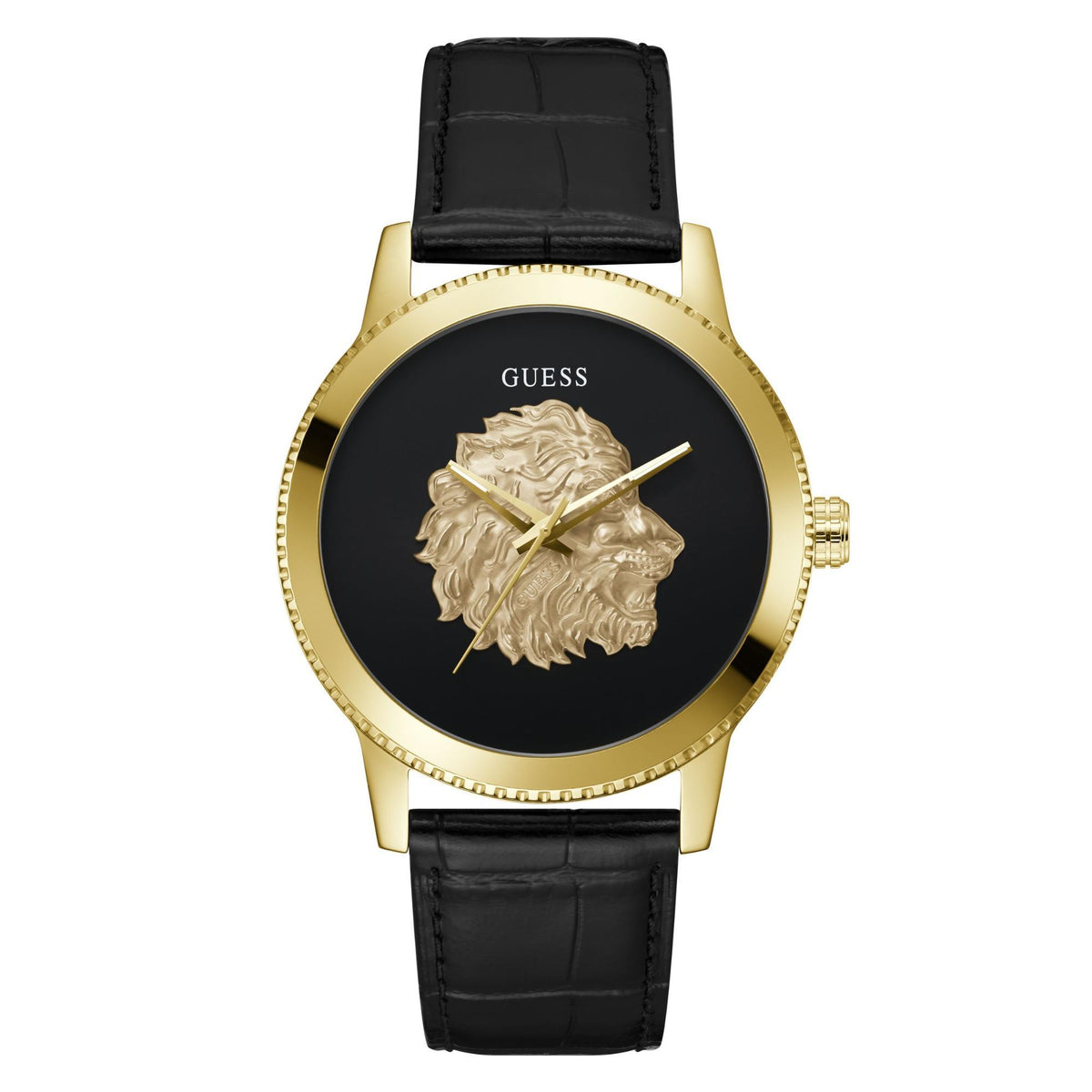 Men’s gold-tone multifunction watch with black dial, gold lion motif, and black leather strap